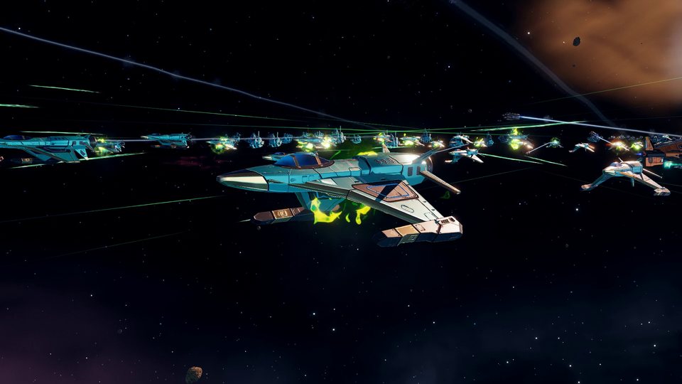 A burning cruiser in a fleet battle